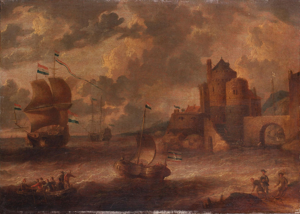 Pieter van de Velde - A Mediterranean landscape with Dutch men o'war, a pink and a rowing boat with a coastal fortification beyond