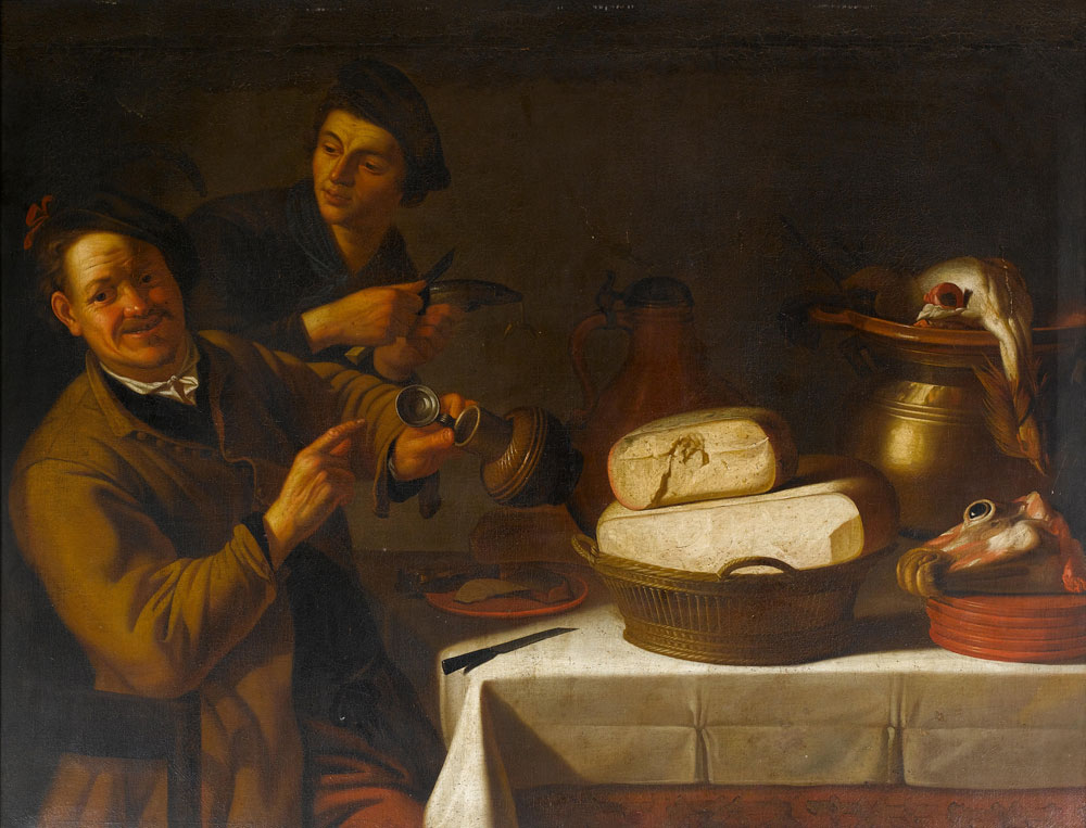 School of Utrecht - A man holding a bembel with a younger man preparing a fish