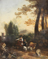 Circle of Abraham Jansz. Begeyn A shepherd and shepherdess with their livestock in a wooded Italianate landscape