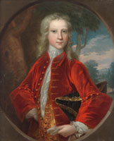 Bartholomew Dandridge Portrait of a boy, half-length, in a red coat, with a tricorn hat under his arm, before a landscape, within a painted oval