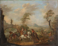 Carel van Falens (Antwerp 1683-1733 Paris) Figures on horseback by a river, an open landscape beyond