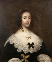 Cornelis Janssens van Ceulen Portrait of a lady, half-length, in a black dress with a white lace collar and cuffs, with yellow and black bows