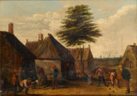Follower of David Teniers the Younger Peasants playing bowls in a village street