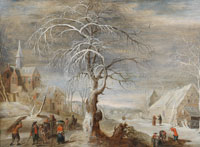 Frans de Momper A winter landscape with travellers on a track, a village and woodcutters beyond
