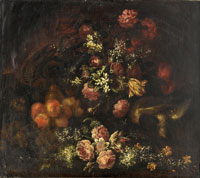Follower of Giuseppe Vincenzino Peaches and pears with roses, jasmine, carnations and other flowers