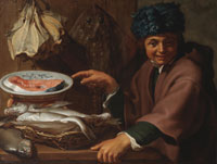 Hendrick Bloemaert A boy in a feathered hat selling fish
