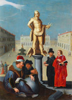 After Hendrik Goltzius Figures in a piazza before a statue of Neptune