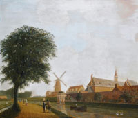 Attributed to Hendrik Keun A canal with figures in a barge and a windmill beyond
