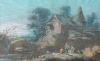 Jean-Baptiste Pillement A mill beside a river, washerwomen in the foreground