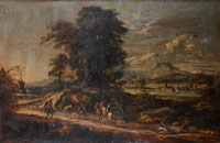 Johann Anton Eismann An extensive landscape with travellers and huntsmen on a track, a lake beyond