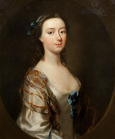 Studio of Joseph Highmore Portrait of a lady, half-length, in a white dress  with a blue ribbon, within a painted oval