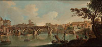 Paolo Anesi The Tiber and the Ponte Rotto, Rome, with figures on the bank and in boats crossing the river