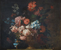 Circle of Pieter Casteels III Roses, morning glory, poppies and other flowers in a gilt vase on a stone ledge