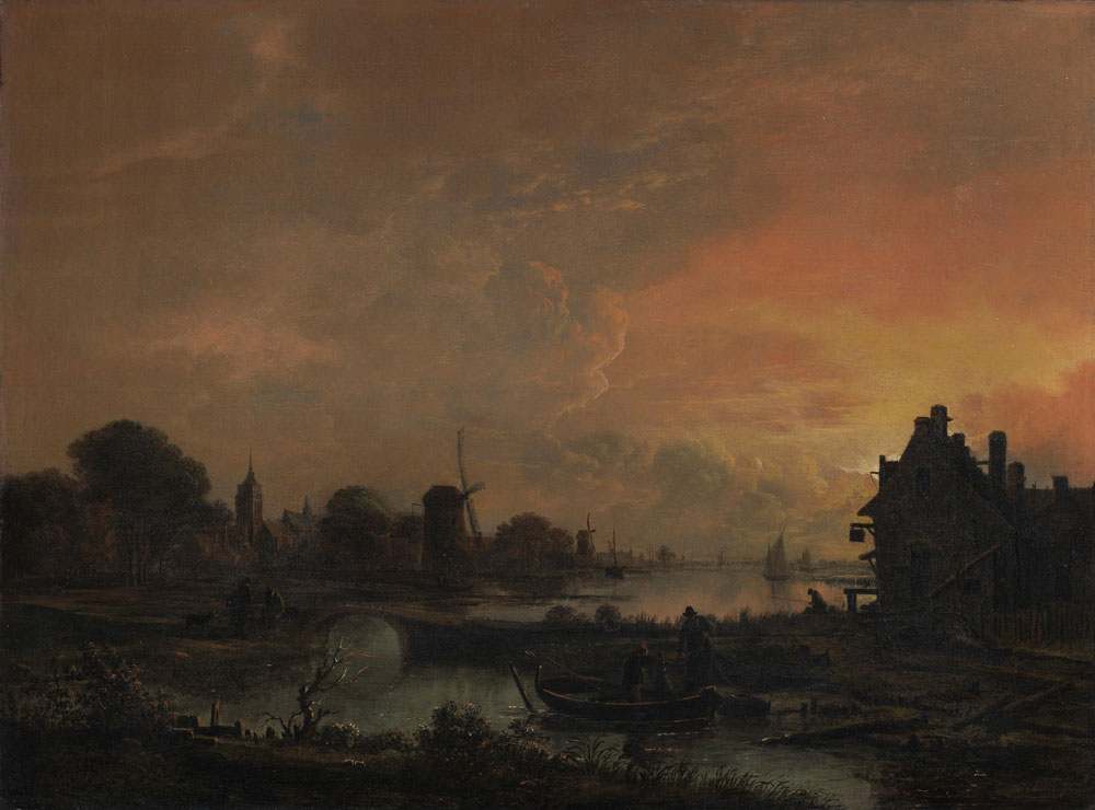Aert van der Neer - An evening landscape with fishermen in the foreground
