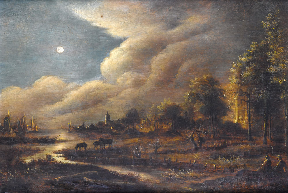 Manner of Aert van der Neer - Herdsmen grazing their cattle before a river landscape by moonlight
