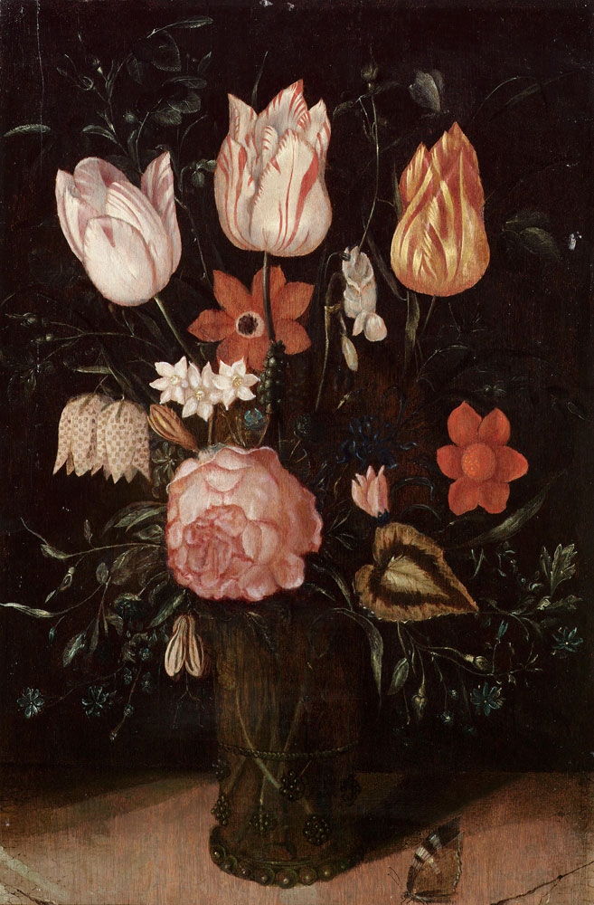 Follower of Ambrosius Bosschaert - A rose, tulips, forget-me-nots and other flowers