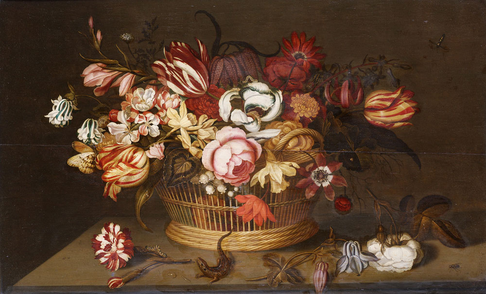Ambrosius Bosschaert the Younger - Tulips, an iris, narcissi, a peony and other flowers in a basket