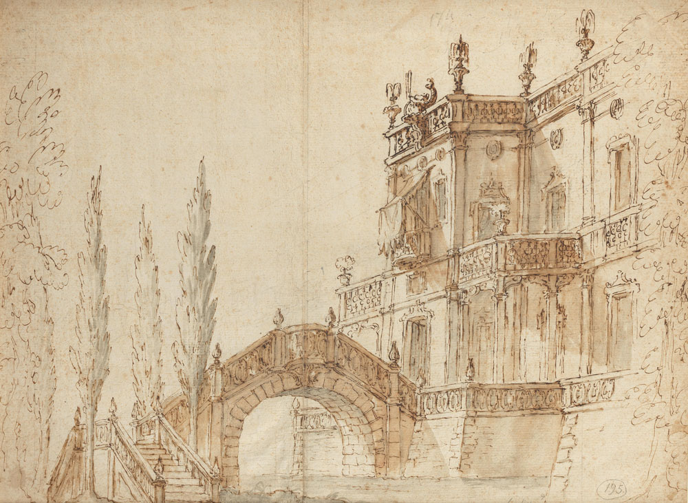 Bibiena Family (active Italy, 17th/ 18th Centuries) - A palace with a moat and bridge