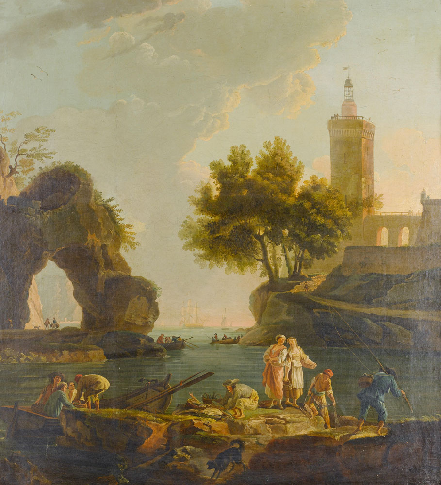 After Claude Joseph Vernet - Fishermen unloading their catch in a Mediterranean harbour, a grotto beyond