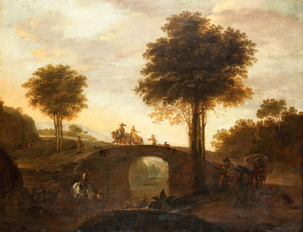 Dirck Stoop - Italianate river landscape with a muleteer on a track and a horseman watering his horse, travellers crossing a bridge beyond