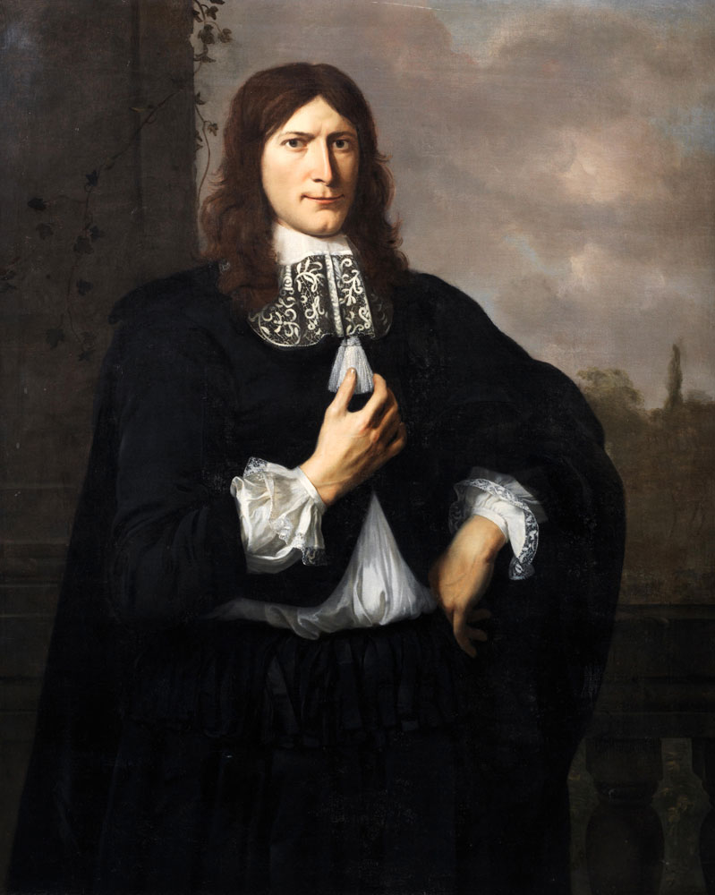 Dutch School - Portrait of a gentleman, traditionally said to be Willem de Vicq, three-quarter-length, in a black doublet with white lace collar, standing on a balcony