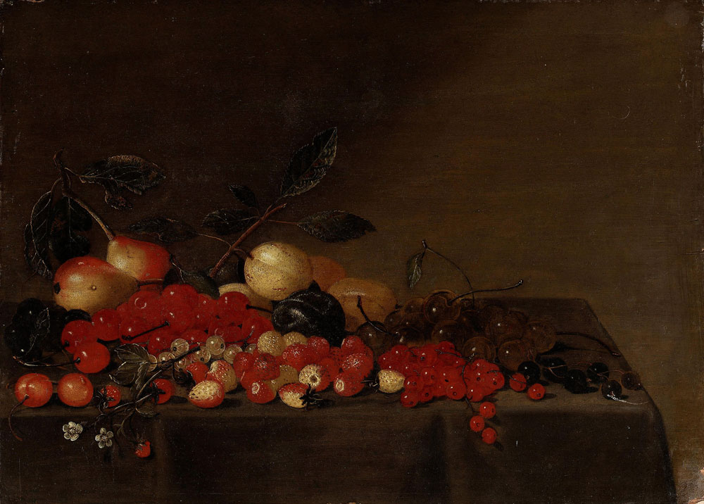 Floris Gerritsz. van Schooten - Apples, plums, cherries, strawberries, redcurrants, and blackcurrants on a draped ledge