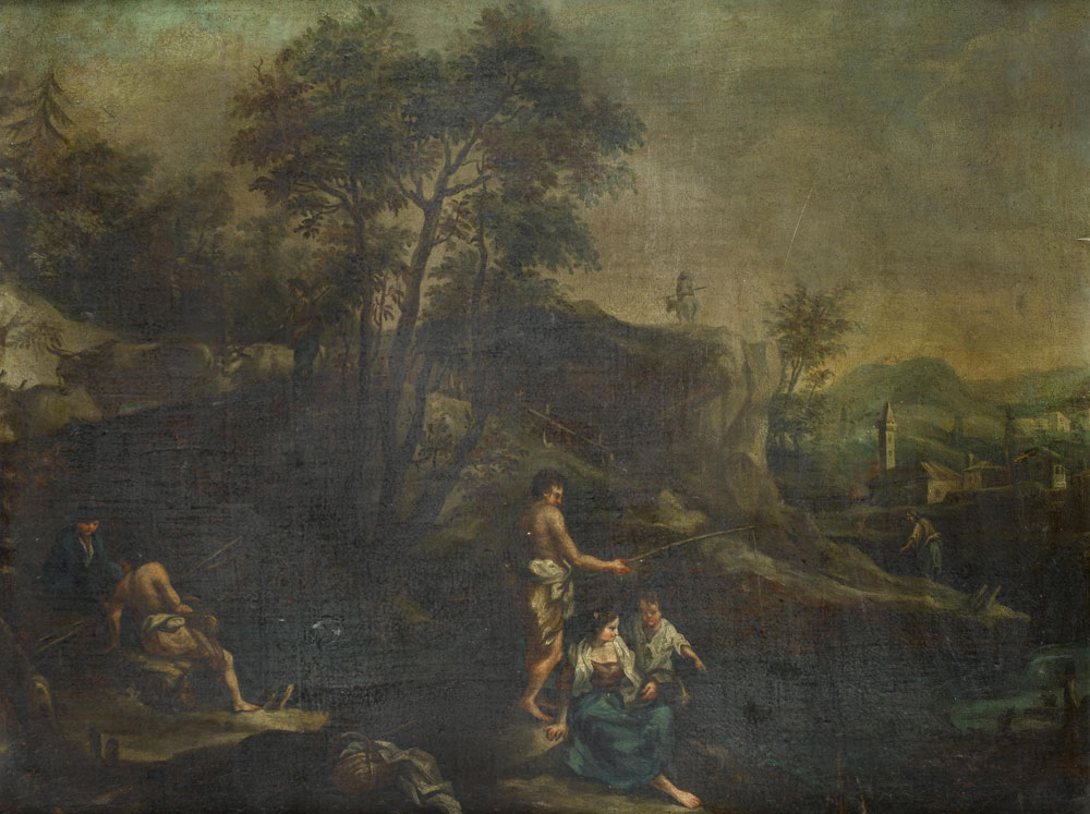 After Francesco Zuccarelli - A fisherman and other figures on the bank of a stream before a rocky landscape