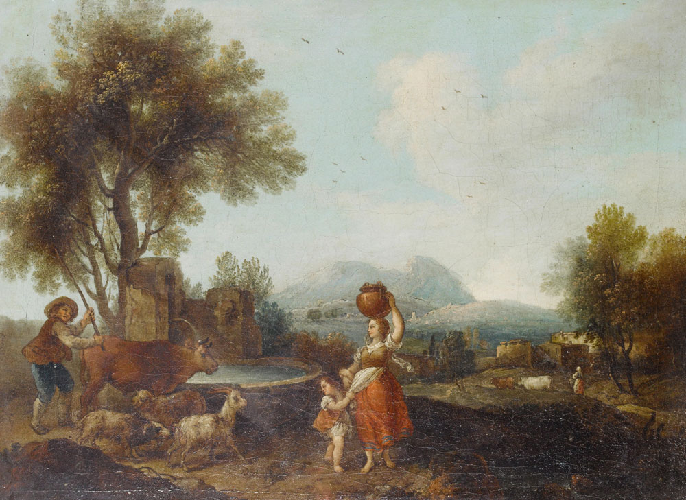 Francesco Zuccarelli - A pastoral landscape with a washerwoman and her child beside a well, a cowherd with his livestock and a country village and mountains beyond
