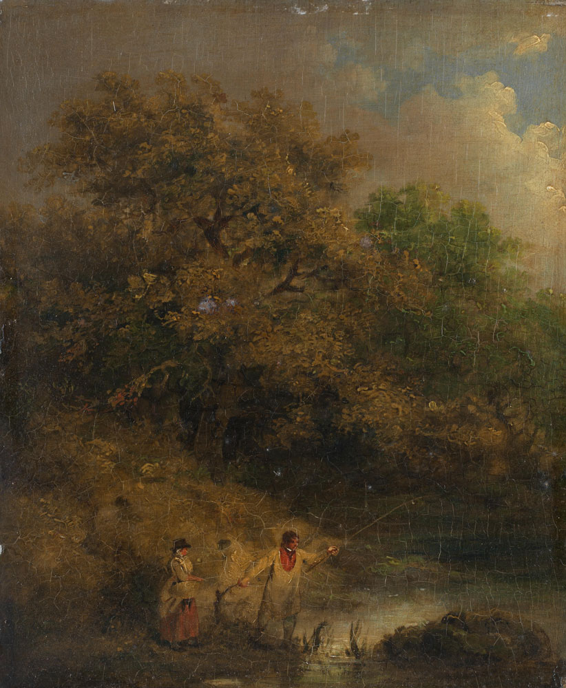 George Morland - Anglers at a woodland pond