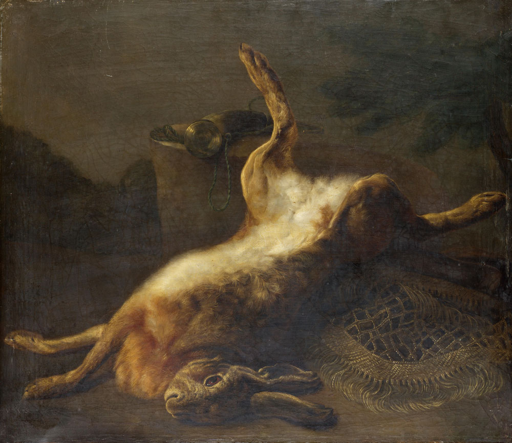 German School - A dead hare in a landscape with hunting paraphenalia