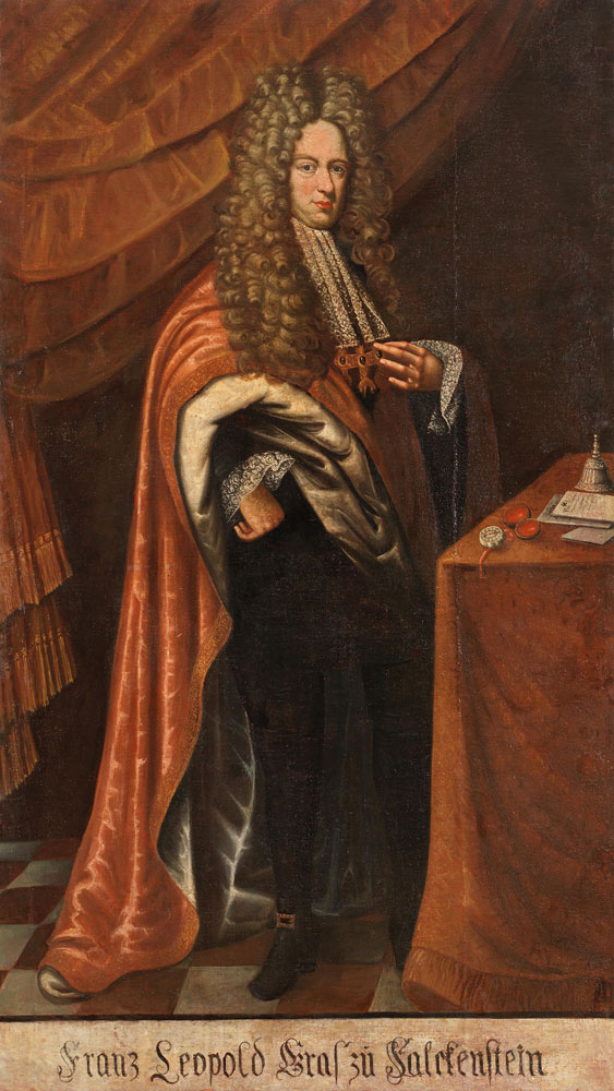 German School - Portrait of a gentleman, full-length, in a black costume and a red mantle