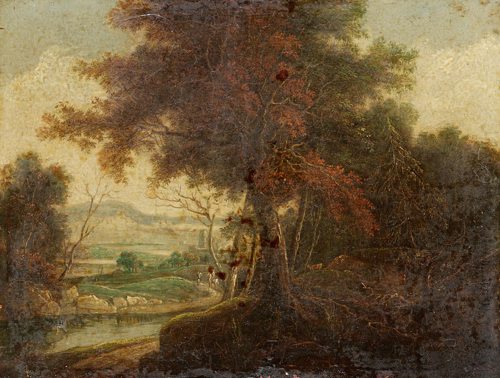 German School - A river landscape with figures on a country path in the distance