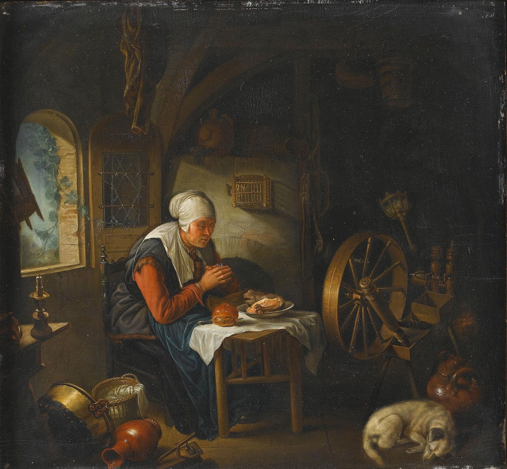 After Gerrit Dou - An interior with a spinning woman at prayer