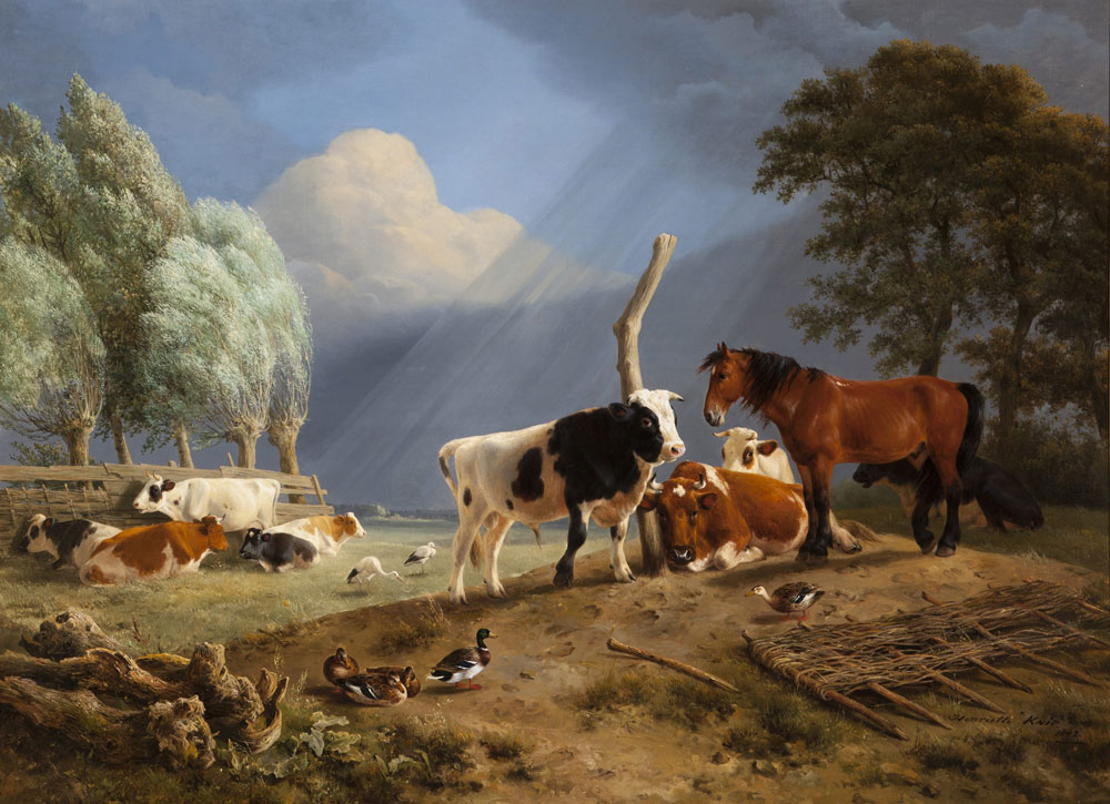 Henriëtte Ronner-Knip - Horse and cattle in a landscape, a storm approaching