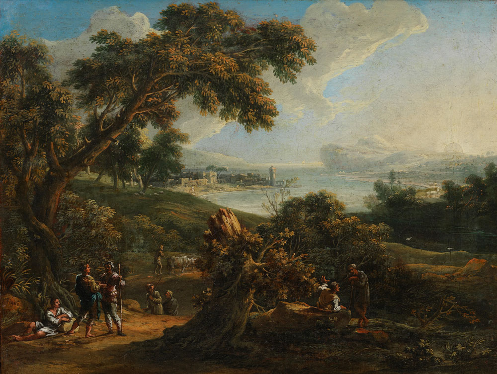 Italian School - Travellers on a country path, an extensive harbour view beyond