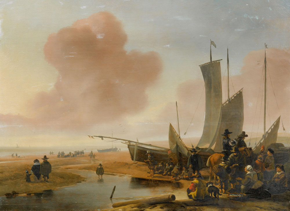 Jacob Esselens - Horsemen on a beach buying fish with fishing boats beyond