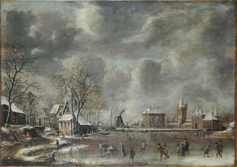 Jan Abrahamsz. Beerstraten - A winter landscape with figures skating and playing kolf on a frozen river at the edge of a town