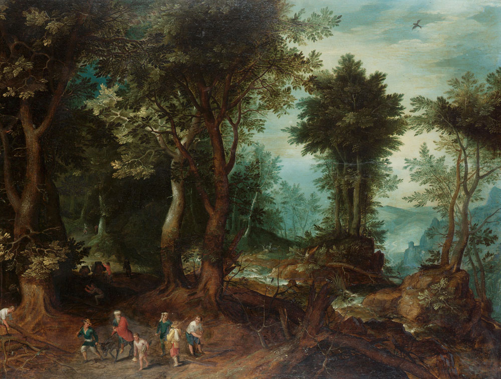 Studio of Jan Brueghel the Elder - A wooded landscape with Abraham and Isaac