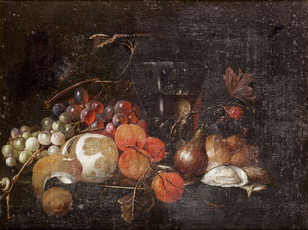 Attributed to Jan Pauwel Gillemans the Elder - A still life of grapes, a peeled lemon and apricots on a silver dish, a roemer of white wine, figs, oysters, blackberries and a bread roll with a snail on a stone ledge
