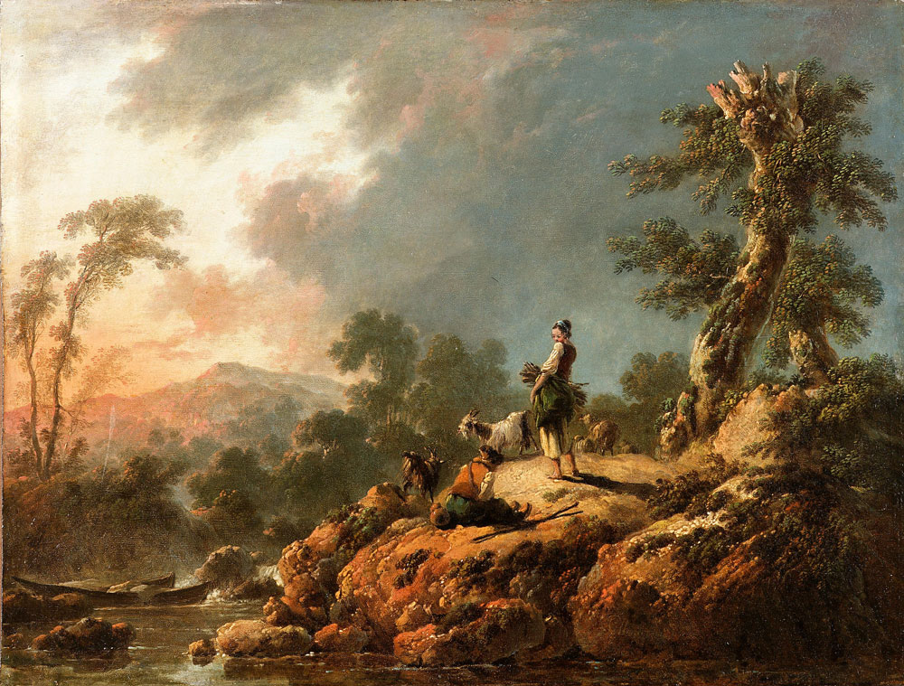 Jean-Baptiste Pillement - A rocky river landscape with a goatherd and a peasant girl on an outcrop