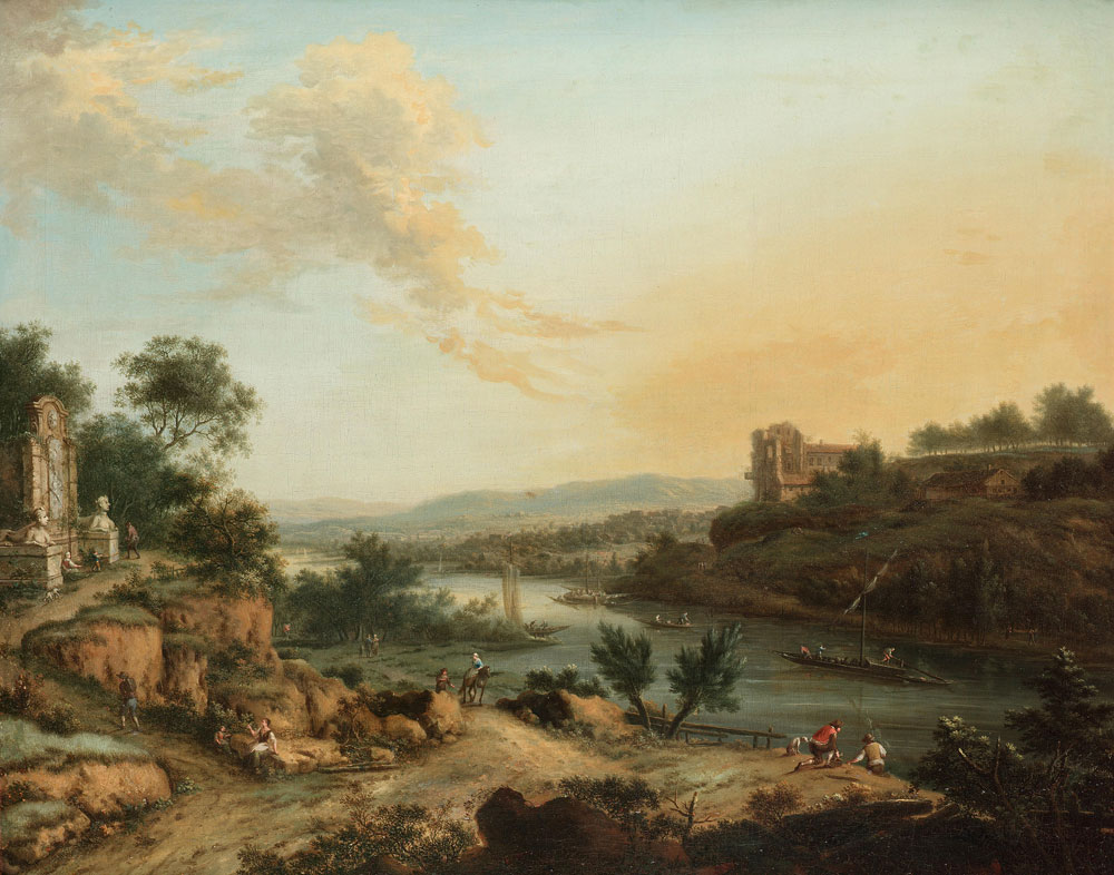 Johann Christian Vollerdt - A Rhenish river landscape with travellers on a track, anglers on a bank and a monument nearby