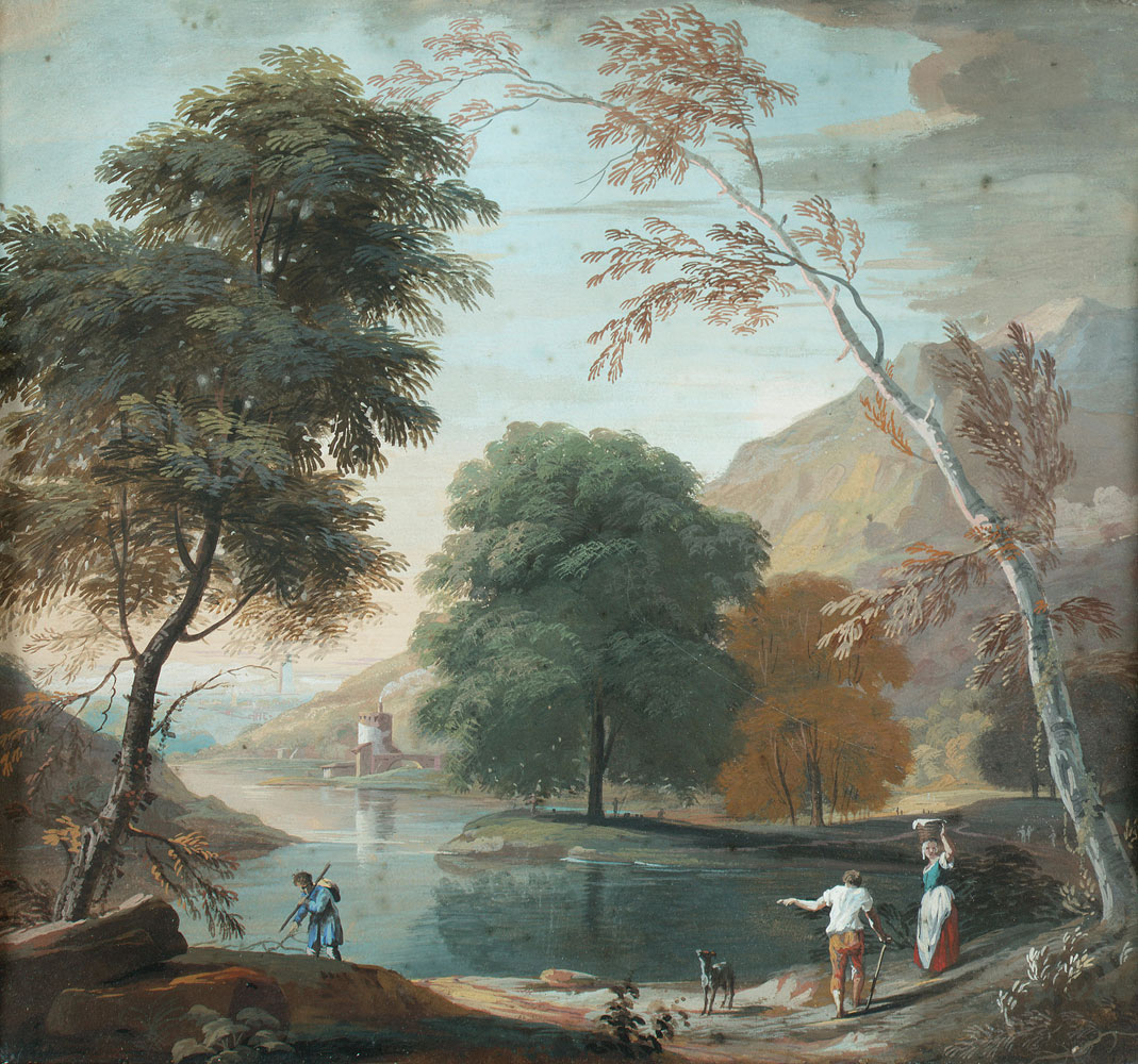 Circle of Marco Ricci - An Italianate landscape with figures beside a lake