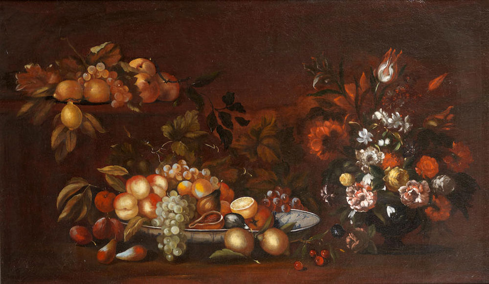 Neapolitan School - Figs, lemons and other fruit in a blue and white dish beside a glass vase of tulips, poppies and other flowers