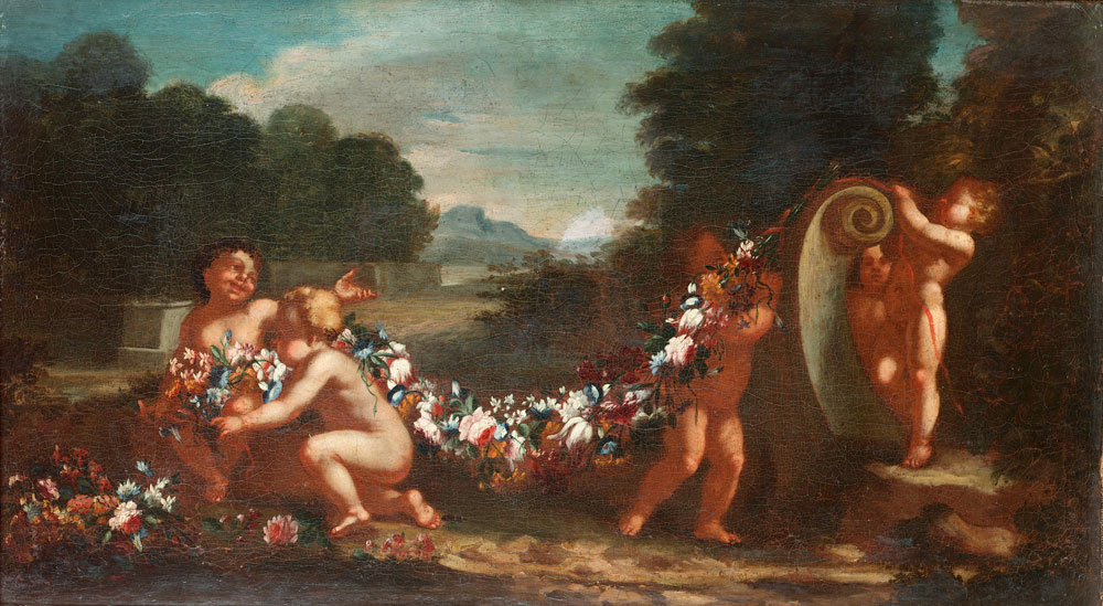 Neapolitan School - Putti with a swag of flowers in a landscape