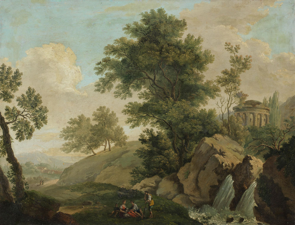 Paolo Anesi - Figures resting on a riverbank before a waterfall, a classical temple beyond
