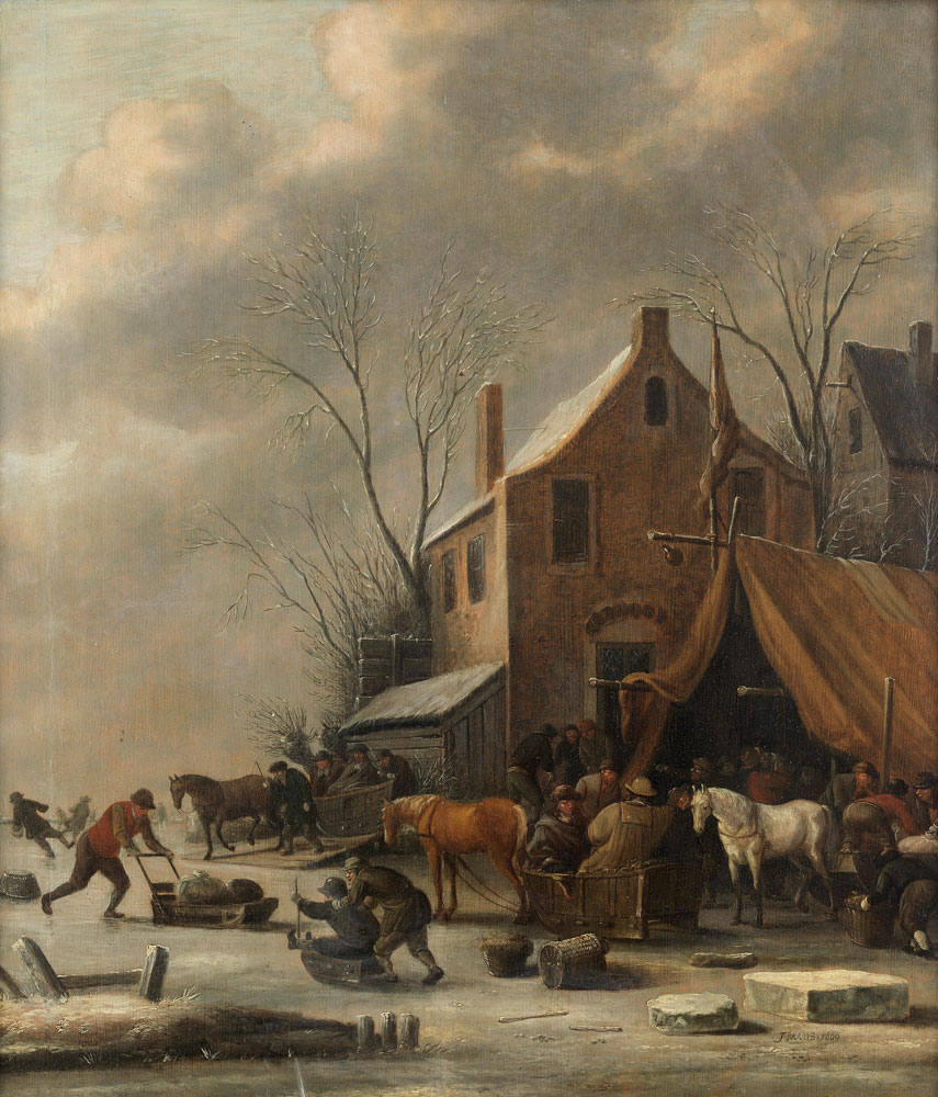 Thomas Heeremans - A frozen river landscape with figures in sledges and others skating