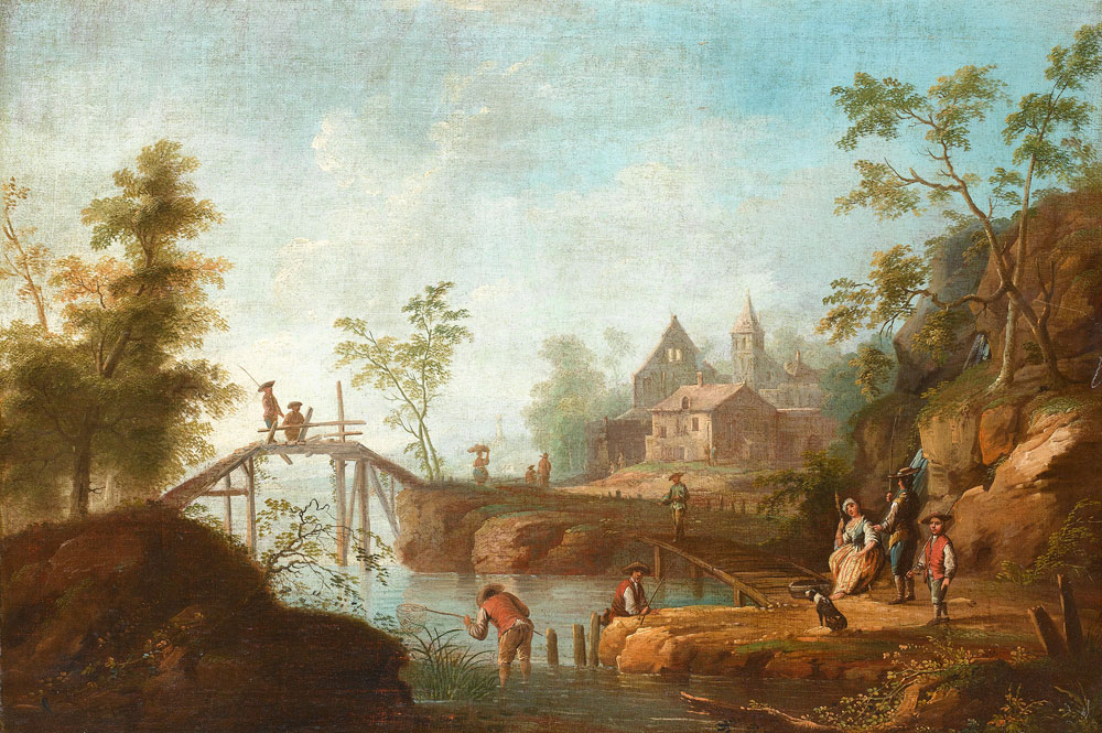 School of the Tyrol - Fishermen and other figures on a shore before an open landscape, with a village on the horizon