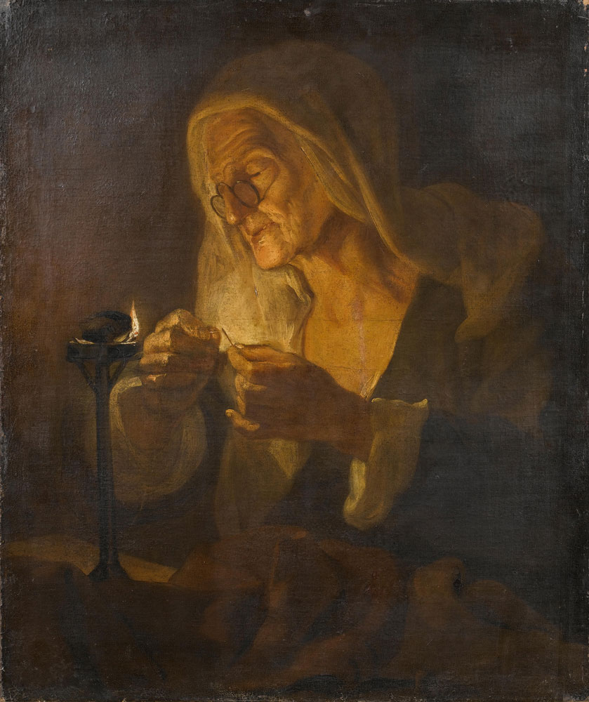 School of Utrecht - An old woman sewing by candlelight