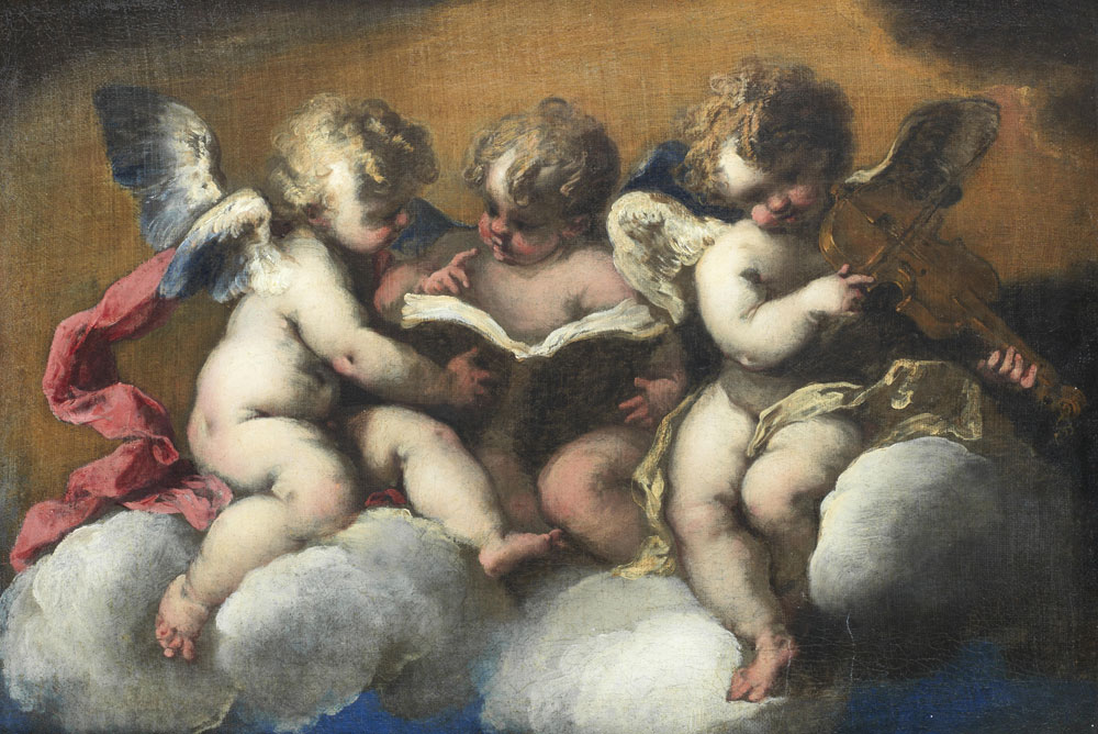 Valerio Castello - Three putti sitting on a cloud reading, two reading, one playing a violin