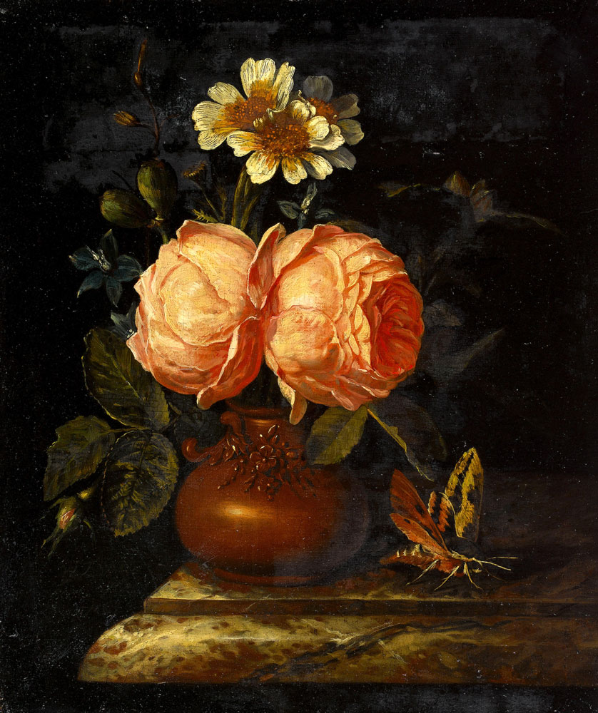 Willem Frederik van Royen - Roses in an earthenware vase on a marble ledge